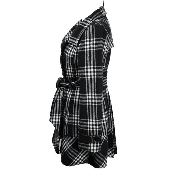Express Plaid Coat Mod Academia Goth Classic Wool Blend Funnel Neck Long Peacoat - Picture 4 of 12